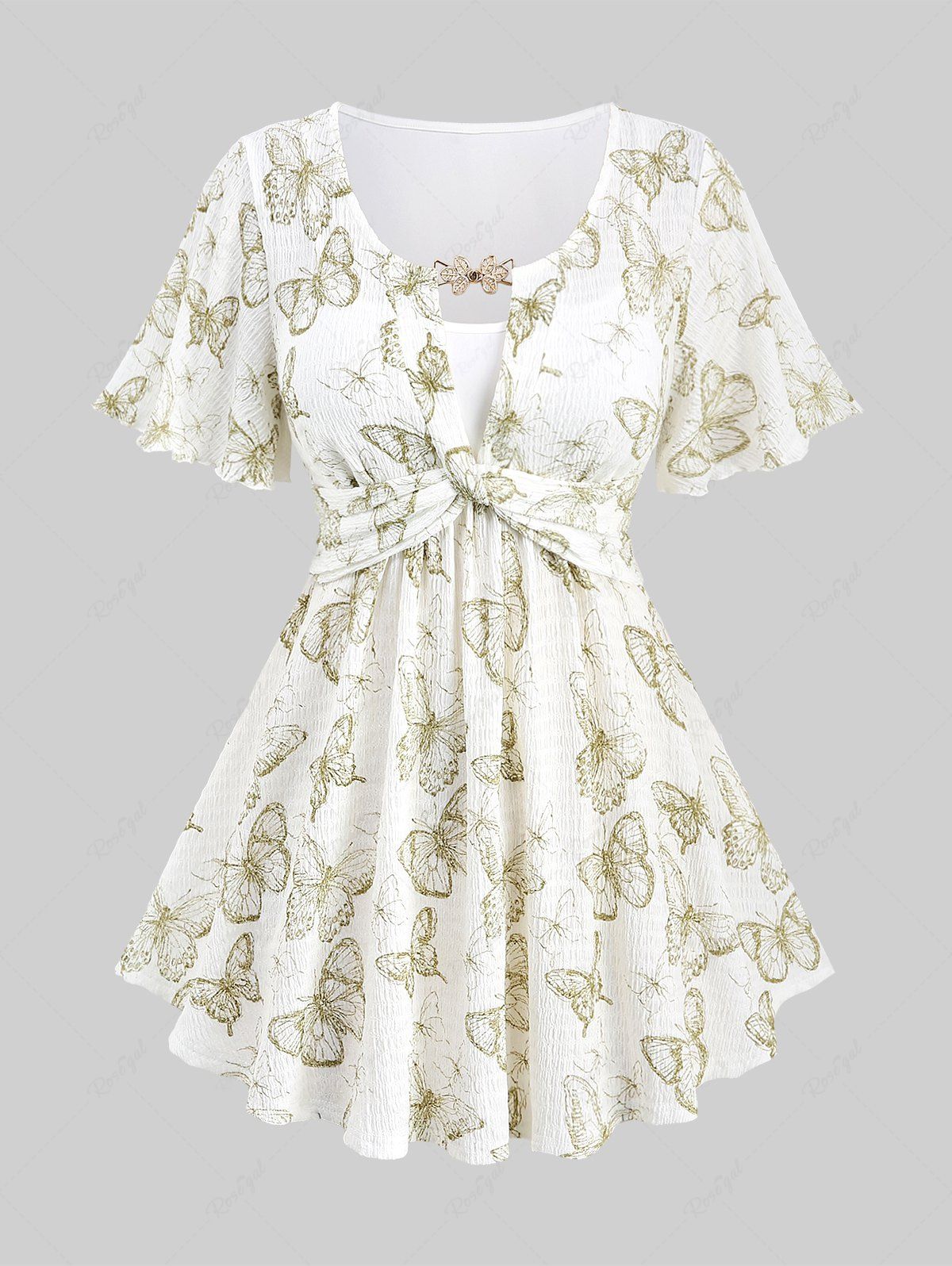 Outfit Plus Size Butterfly Print Twist Leaf Buckle Panel Top  