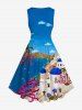 Plus Size Villa Sea Of Love Flower Coconut Tree Ombre Sky Cloud Printed 1950s Vintage Hawaii Swing A Line Dress -  