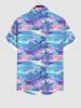 Plus Size Coconut Tree Colorful Sea Waves Print Buttons Pocket Hawaii Shirt For Men -  