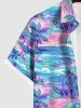 Plus Size Coconut Tree Colorful Sea Waves Print Buttons Pocket Hawaii Shirt For Men -  