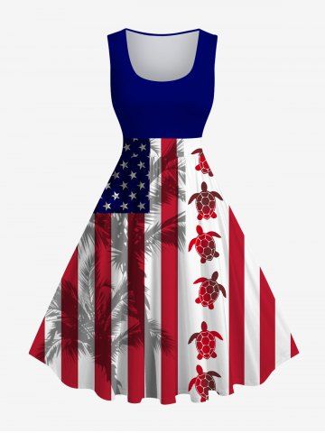 Plus Size Patriotic American Flag Turtle Coconut Tree Print Hawaii 1950s Vintage Dress - MULTI-A - 1X