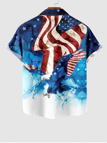 Plus Size Patriotic American Flag Eagle Watercolor Print Buttons Pocket Shirt For Men