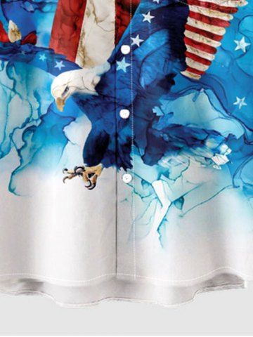 Plus Size Patriotic American Flag Eagle Watercolor Print Buttons Pocket Shirt For Men