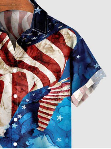 Plus Size Patriotic American Flag Eagle Watercolor Print Buttons Pocket Shirt For Men