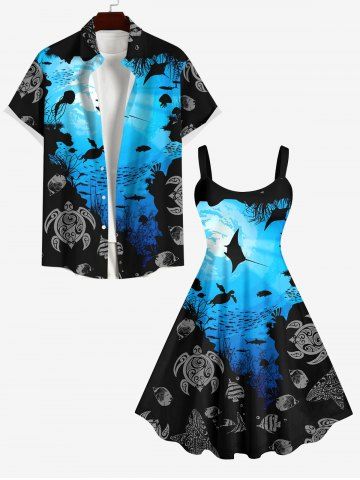 Sea Creatures Turtle Fish Colorblock Print Plus Size Matching Hawaii Beach Outfit For Couples