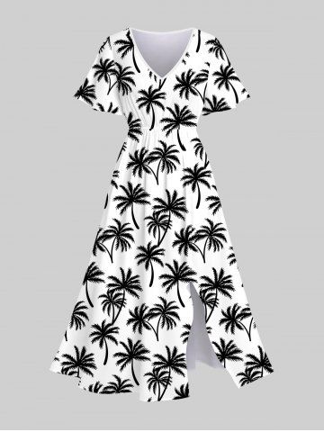 Plus Size Coconut Tree Print Split Hawaii Dress - WHITE - 6X