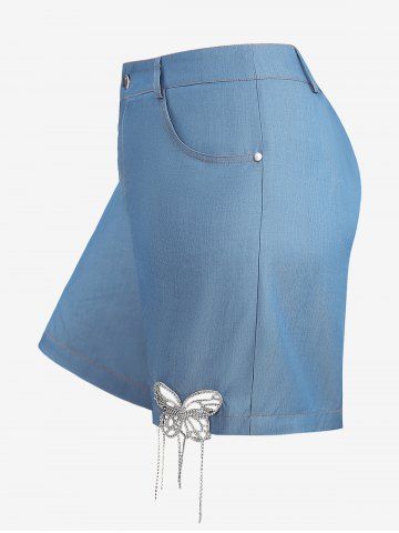 Plus Size Rhinestones Butterfly Tassel Pockets Shorts - BLUE - M | US 10