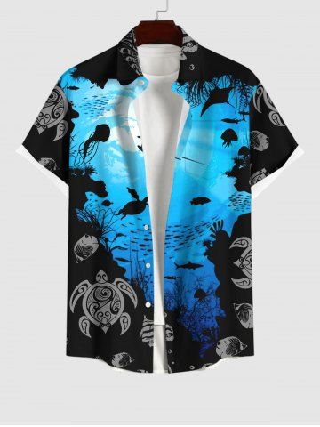 Plus Size Sea Creatures Turtle Fish Colorblock Print Buttons Pocket Hawaii Shirt For Men - BLACK - XL