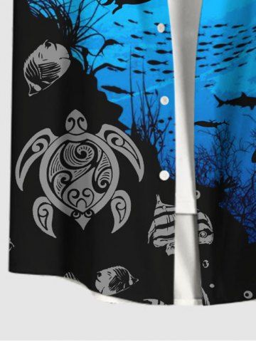 Plus Size Sea Creatures Turtle Fish Colorblock Print Buttons Pocket Hawaii Shirt For Men