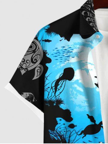 Plus Size Sea Creatures Turtle Fish Colorblock Print Buttons Pocket Hawaii Shirt For Men