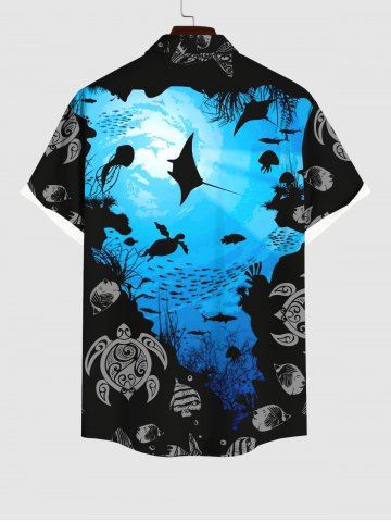 Plus Size Sea Creatures Turtle Fish Colorblock Print Buttons Pocket Hawaii Shirt For Men