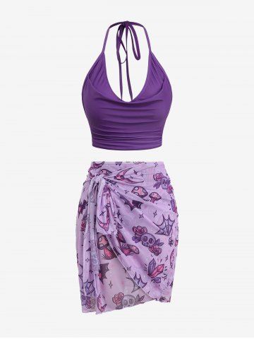 Plus Size Halter Ruched Tankini Top Moon Star Rose Flower Skull Mushroom Bat Print Skirt 3 Pcs Swimsuit Set - PURPLE - M | US 10