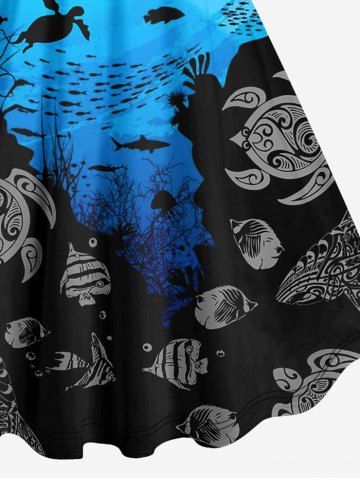Plus Size Sea Creatures Turtle Fish Colorblock Print Hawaii Tank Dress