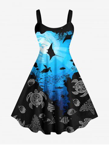 Plus Size Sea Creatures Turtle Fish Colorblock Print Hawaii Tank Dress - BLACK - XXS