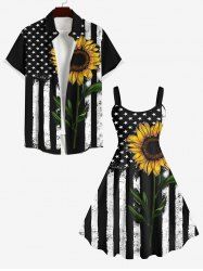 Patriotic American Flag Sunflower Print Plus Size Matching Outfit For Couples -  