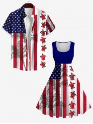 Patriotic American Flag Turtle Coconut Tree Print Plus Size Matching Hawaii Beach Outfit For Couples -  