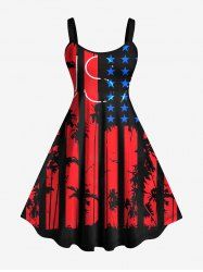 Plus Size American Flag Ink Painting Coconut Tree Print A Line Tank Dress -  