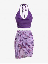Plus Size Halter Ruched Tankini Top Moon Star Rose Flower Skull Mushroom Bat Print Skirt 3 Pcs Swimsuit Set -  
