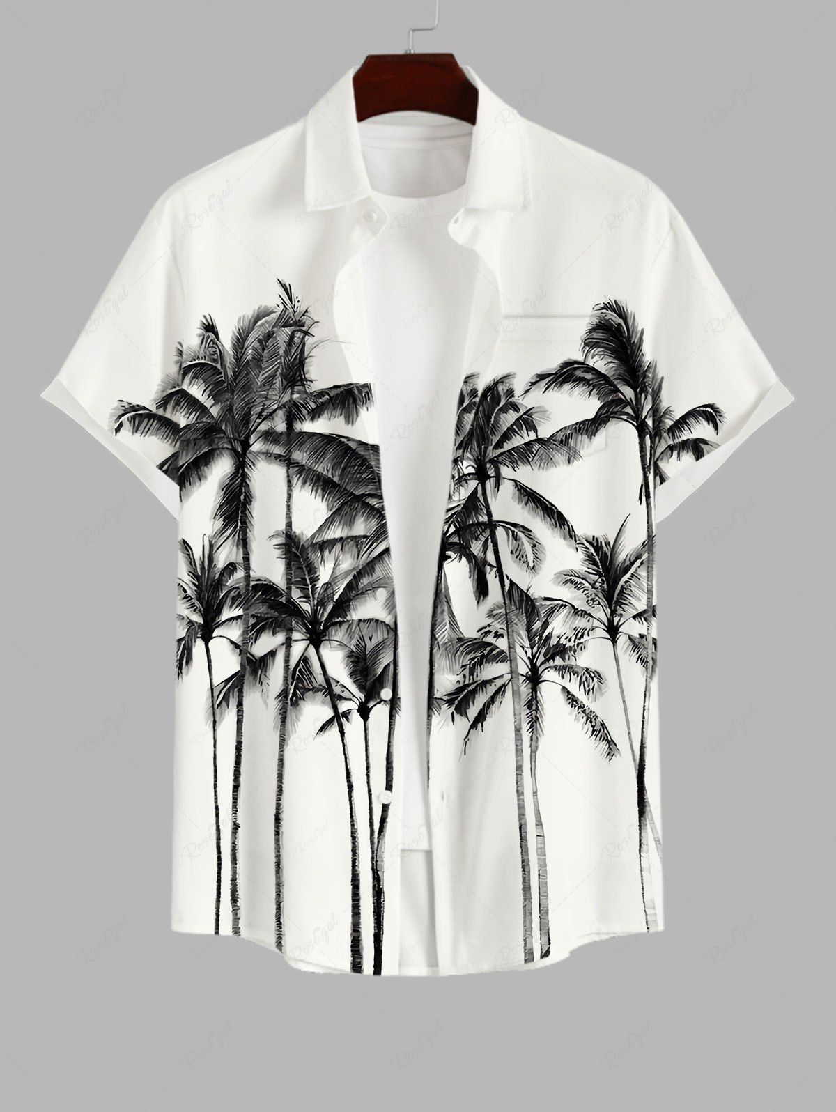 Chemise Décontractée Cocotier Peinture D'Encre Imprimés avec Poche Blanc S