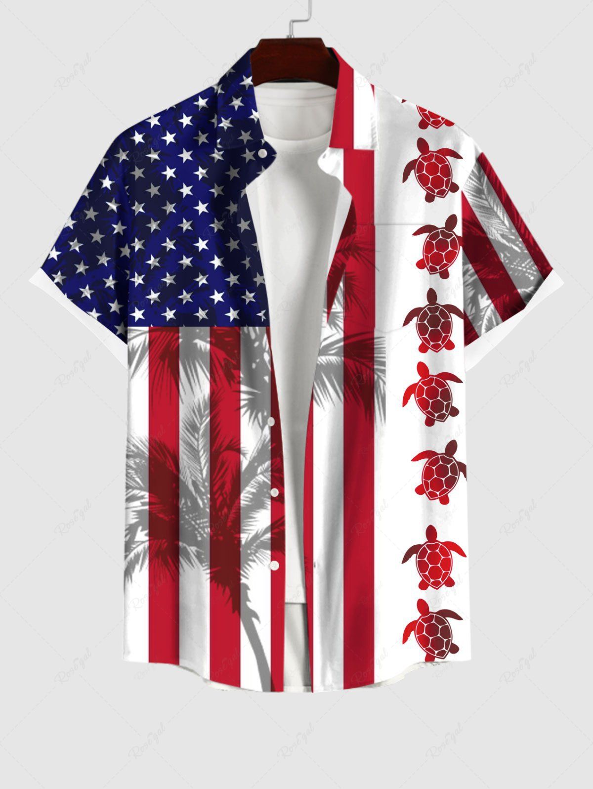 Chemise Imprimé Drapeau Américain Hawaiien à Boutons Grande Taille avec Poches Multi-A 4XL