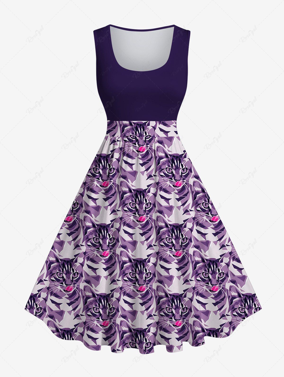 Latest Plus Size Cat Colorblock Print Sleeveless Vintage 1950s Swing A Line Dress  