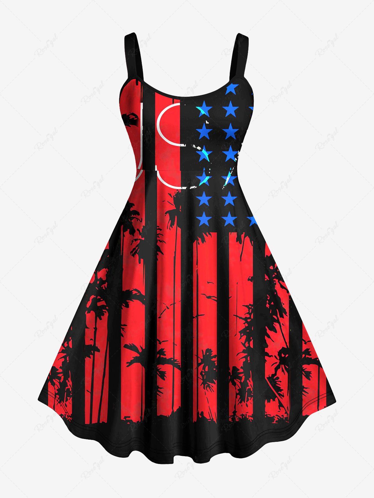 Store Plus Size American Flag Ink Painting Coconut Tree Print A Line Tank Dress  