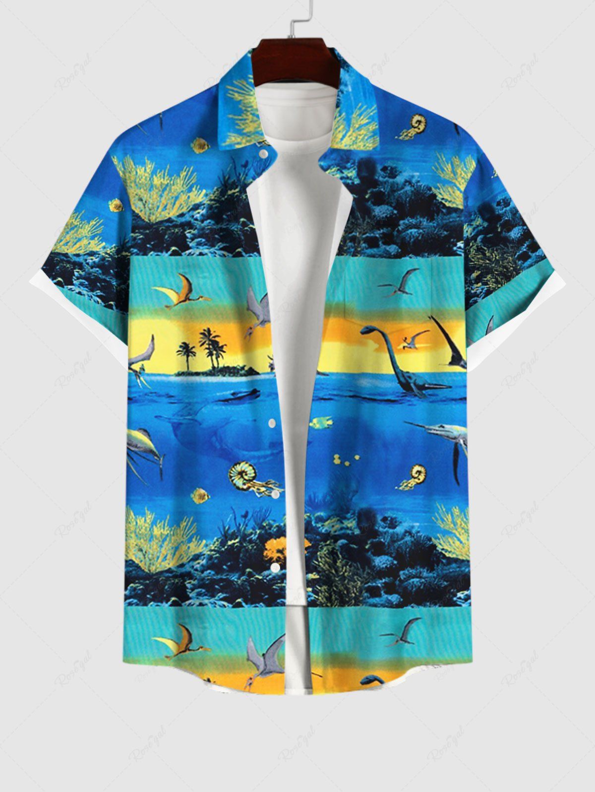 Chemise Décontractée Boutonnée Mouette et Dinosaure Imprimés de Grande Taille avec Poche Multi-A M