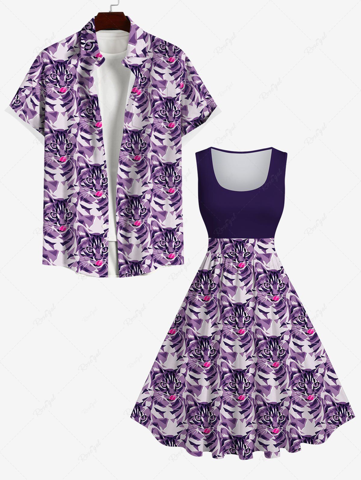 Shops Cat Colorblock Print Plus Size Matching Set For Couples  