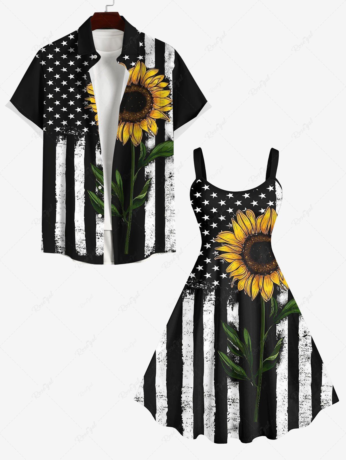 Outfits Patriotic American Flag Sunflower Print Plus Size Matching Outfit For Couples  