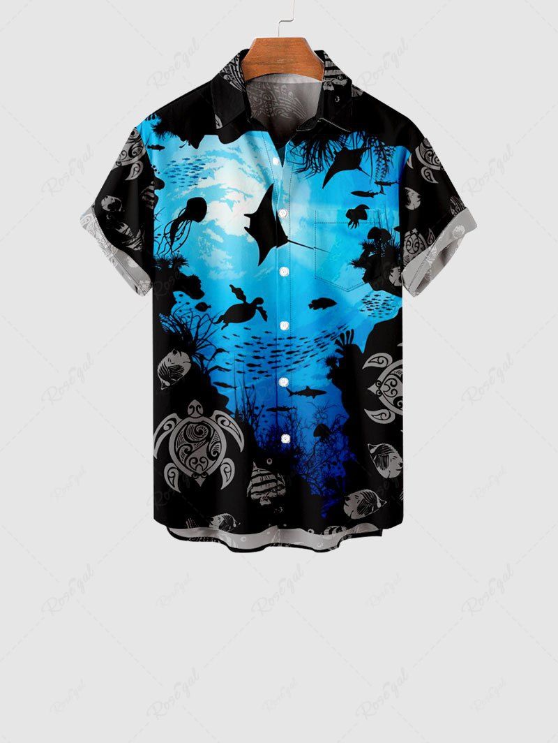 Buy Kid's Sea Creatures Turtle Fish Colorblock Print Hawaii Buttons Pocket Hawaii Shirt  