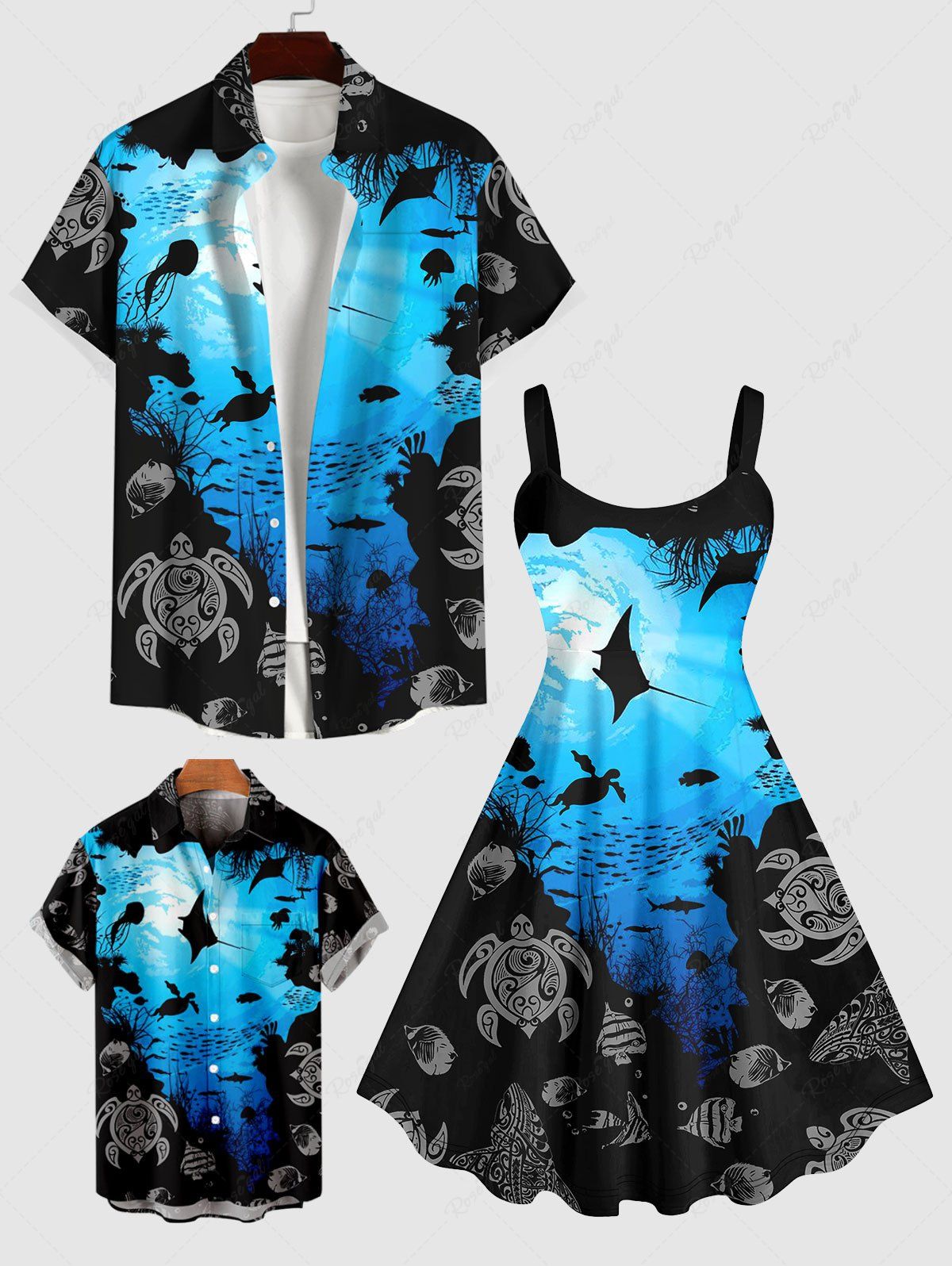 New Sea Creatures Turtle Fish Colorblock Print Plus Size Matching Hawaii Beach Outfit For Couples  
