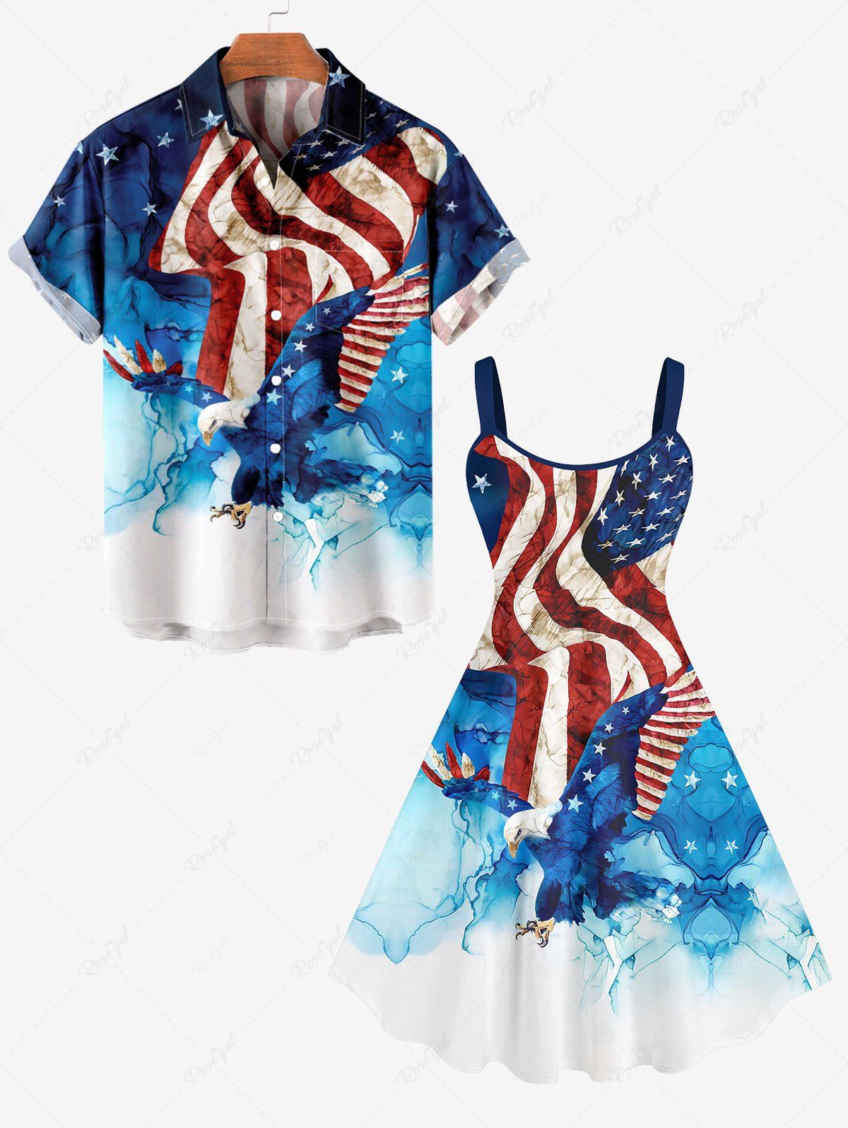 Buy Patriotic American Flag Eagle Watercolor Print Plus Size Matching Outfit For Couples  