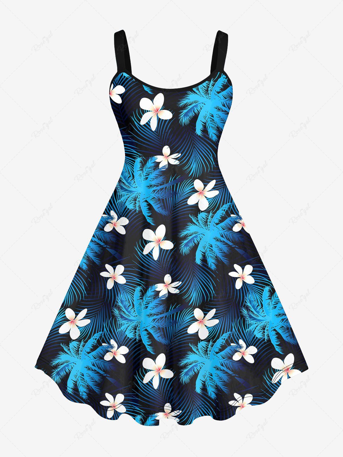 Robe Ligne A Fleur et Arbre Noix de Coco Imprimés sans Dos de Grande Taille Noir 4X