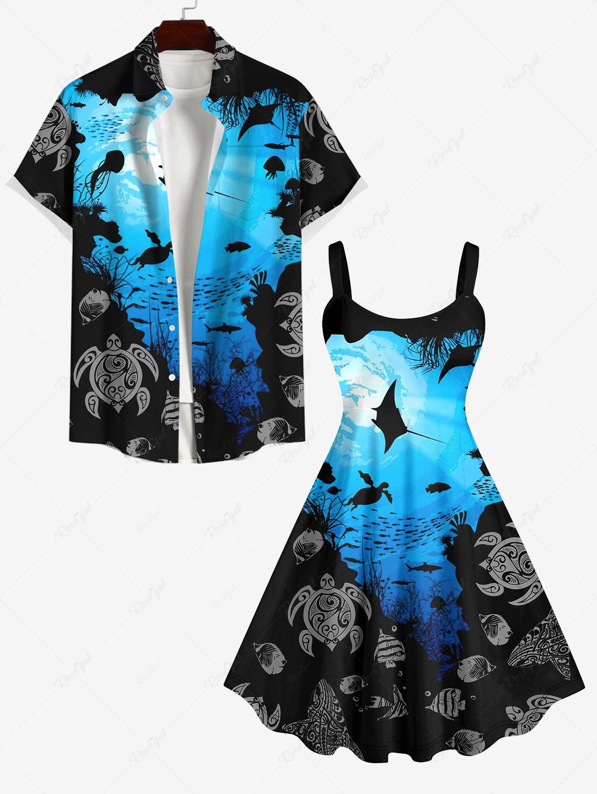 Unique Sea Creatures Turtle Fish Colorblock Print Plus Size Matching Hawaii Beach Outfit For Couples  