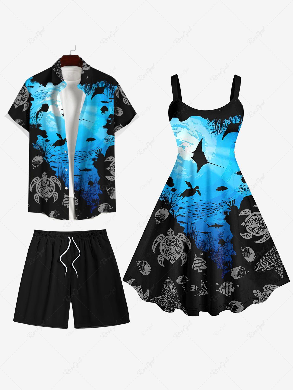 Affordable Sea Creatures Turtle Fish Colorblock Print Plus Size Matching Hawaii Beach Outfit For Couples  