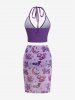 Plus Size Halter Ruched Tankini Top Moon Star Rose Flower Skull Mushroom Bat Print Skirt 3 Pcs Swimsuit Set -  