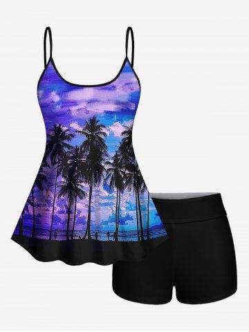 Coconut Tree Sea Cloud Print Boyleg Hawaii Tankini Swimsuit(Adjustable Shoulder Strap) - MULTI-A - S