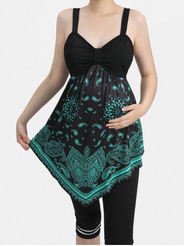 Plus Size Paisley Floral Print Asymmetrical Maternity Tank Top - DEEP GREEN - 2X | US 18-20