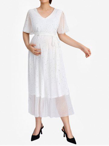 Plus Size Sparkling Sequin Pleated Polka Dot Belted Layered Maternity A Line Dress - WHITE - L | US 12