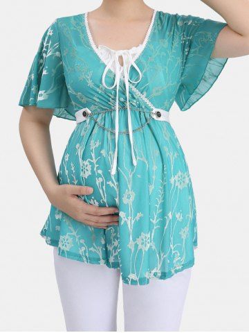 Plus Size Floral Flocking Mesh Bowknot Button Chains Panel Surplice Ruched Ruffles Lace Trim Tie 2 in 1 Maternity Top - GREEN - S | US 8