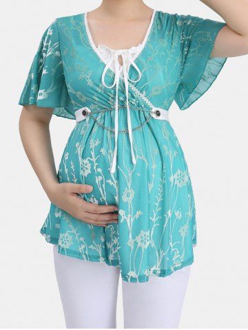 Plus Size Floral Flocking Mesh Bowknot Button Chains Panel Surplice Ruched Ruffles Lace Trim Tie 2 in 1 Maternity Top - GREEN - 1X | US 14-16
