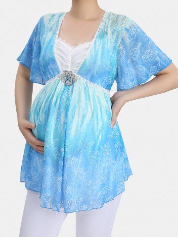 Plus Size Rose Mesh Ruched Flower Buckle Lace Trim Ruffles Flutter Sleeve Maternity 2 In 1 T-shirt - LIGHT BLUE - 4X | US 26-28