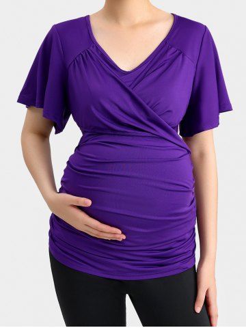Plus Size Surplice Solid Ruched Maternity Top - PURPLE - 5X | US 30-32