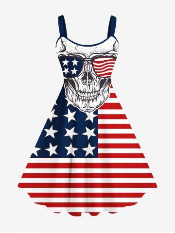 Plus Size Patriotic American Flag Skull Print Tank Dress - MULTI-A - XS