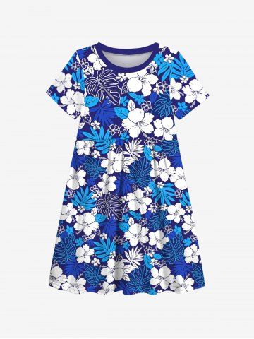 Kid's Flower Palm Leaf Print Hawaii Dress - BLUE - 110