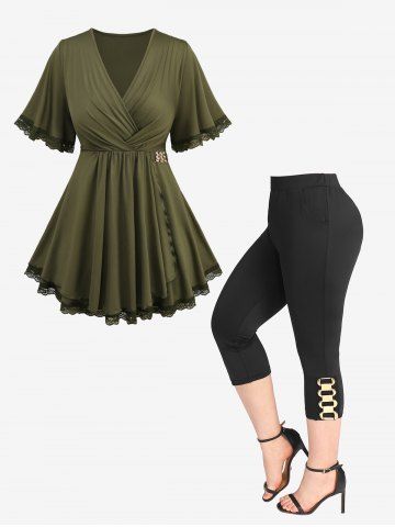 Lace Trim Ruched Surplice Ruffles Asymmetrical T-shirt and Chains Pockets Capri Leggings Plus Size Summer Outfit - GREEN