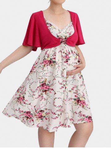 Plus Size Flutter Sleeves Crop Top and Lace Trim Floral Print Cami Maternity Dress Set - RED - S | US 8