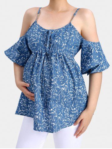 Plus Size Paint Splatter Print Lace Up Grommets Chains Cold Shoulder Maternity Blouse - BLUE - L | US 12