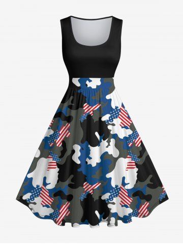 Plus Size Camouflage American Flag Colorblock Print 1950s Vintage Swing A Line Dress - BLACK - 6X