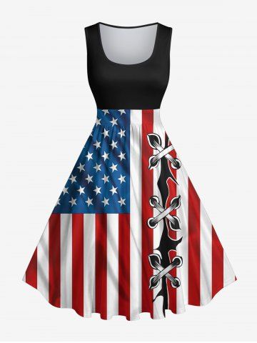 Plus Size Patriotic American Flag Ripped Lace Up 3D Print 1950s Vintage Dress - MULTI-A - S